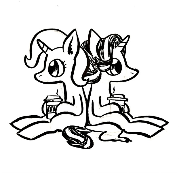 Size: 2907x2803 | Tagged: safe, artist:horsewizardart, derpibooru import, starlight glimmer, trixie, pony, unicorn, back to back, black and white, coffee cup, cup, duo, female, grayscale, image, jpeg, mare, monochrome, simple background, sitting, white background