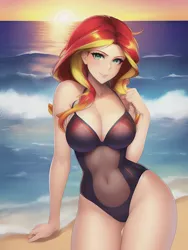 Size: 1020x1360 | Tagged: suggestive, derpibooru import, editor:sammykun, machine learning generated, stable diffusion, sunset shimmer, human, beach, belly button, breasts, busty sunset shimmer, clothes, female, humanized, image, lips, looking at you, midriff, ocean, one-piece swimsuit, png, pose, reasonably sized breasts, sand, sleeveless, solo, solo female, stupid sexy sunset shimmer, sultry pose, sunset, swimsuit, water, wave, wide hips