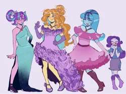 Size: 2000x1500 | Tagged: safe, artist:dulcesilly, derpibooru import, adagio dazzle, aria blaze, rarity, sonata dusk, human, equestria girls, alternate hairstyle, clothes, commission, dress, evening gloves, eye clipping through hair, eyes closed, female, gloves, image, jpeg, long gloves, off shoulder, open mouth, open smile, purple background, simple background, smiling, the dazzlings