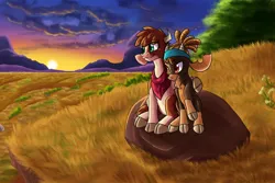 Size: 1800x1200 | Tagged: safe, artist:redahfuhrerking, derpibooru import, cow, goat, them's fightin' herds, arizona (tfh), community related, image, png, shanty (tfh), sunset