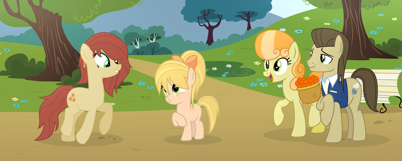 Size: 4195x1678 | Tagged: safe, artist:mcrespin88, derpibooru import, davenport, junebug, oc, oc:cassia, oc:hazel, earth pony, pony, base used, female, filly, foal, image, mare, parent:davenport, parent:junebug, png