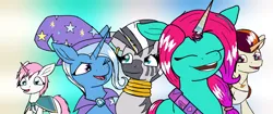 Size: 1280x536 | Tagged: safe, artist:the crystal artist, derpibooru import, trixie, zecora, oc, oc:stardust (crystal), earth pony, pegasus, pony, unicorn, zebra, series:stardust au, cape, cloak, clothes, cute, derpibooru exclusive, diatrixes, ear piercing, earring, eyes closed, fake horn, female, filly, filly oc, floppy ears, foal, g5, gradient background, group, hat, head up, image, jazz hooves, jewelry, looking at someone, looking at you, male, mare, neck rings, necklace, no shading, one eye closed, open mouth, parody, pegasus filly, pegasus oc, piercing, png, redraw, rocky riff, scene interpretation, scene parody, scene redraw, stallion, trixie's cape, trixie's hat, wings, wink