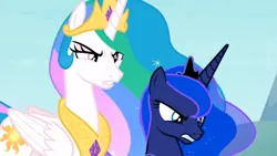 Size: 1910x1080 | Tagged: safe, derpibooru import, screencap, princess celestia, princess luna, season 9, the ending of the end, spoiler:s09, angry, day, deception, female, image, png, royal sisters, siblings, sisters, unamused