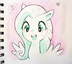 Size: 1364x1209 | Tagged: safe, artist:fipoki, derpibooru import, fluttershy, pegasus, pony, cute, female, image, jpeg, mare, open mouth, open smile, shyabetes, smiling, solo, spread wings, traditional art, wings
