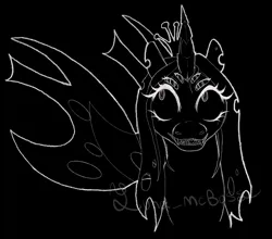 Size: 2349x2068 | Tagged: safe, artist:luna_mcboss, derpibooru import, queen chrysalis, changeling, changeling queen, black and white, black background, bust, crooked horn, crown, female, grayscale, horn, image, insect wings, insectoid, jewelry, monochrome, multiple eyes, outline, png, regalia, sharp teeth, simple background, teeth, toothy grin, white outline, wings