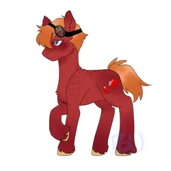 Size: 1024x1024 | Tagged: safe, artist:lilluluna, derpibooru import, oc, oc:red stone, unofficial characters only, earth pony, pony, colt, foal, freckles, goggles, goggles on head, image, male, offspring, parent:big macintosh, parent:marble pie, parents:marblemac, png, shoulder freckles, simple background, solo, traditional art, unshorn fetlocks, white background