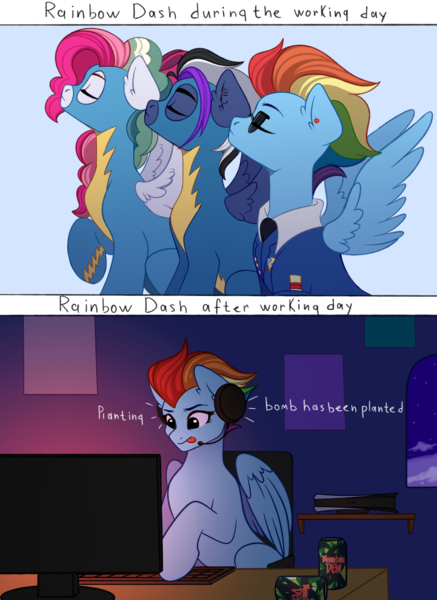 Size: 3304x4536 | Tagged: safe, artist:vetta, derpibooru import, rainbow dash, oc, oc:sky sorbet, pegasus, pony, chair, clothes, computer, counter-strike, counter-strike: global offensive, desktop, drink, ear piercing, earring, energy drink, future, headphones, image, jewelry, keyboard, language, mountain dew, necktie, office, office chair, older, older rainbow dash, piercing, playstation, playstation 5, png, poster, shelf, soda, sunglasses, table, uniform, window, wonderbolts dress uniform, wonderbolts headquarters