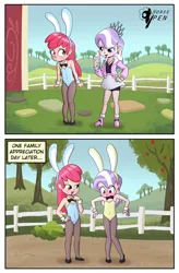 Size: 2620x4000 | Tagged: suggestive, alternate version, artist:horsepen, banned from derpibooru, ponybooru import, apple bloom, diamond tiara, human, family appreciation day, blushing, bowtie, breasts, bunny ears, bunny suit, clothes, cufflinks, delicious flat chest, embarrassed, female, humanized, humiliation, image, jewelry, lolicon, mobile phone, outfit, pantyhose, phone, playboy bunny, playboy bunny apple bloom, playboy bunny diamond tiara, png, small breasts, smug, sweet apple acres, taking a photo, tiara, underage, young