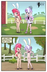 Size: 2620x4000 | Tagged: suggestive, alternate version, artist:horsepen, banned from derpibooru, ponybooru import, apple bloom, diamond tiara, human, family appreciation day, belly button, blushing, bowtie, breasts, bunny ears, bunny suit, clothes, cufflinks, delicious flat chest, embarrassed, female, humanized, humiliation, image, jewelry, lolicon, mobile phone, outfit, pasties, phone, playboy bunny, playboy bunny apple bloom, playboy bunny diamond tiara, png, small breasts, smug, sweet apple acres, taking a photo, tiara, underage, young