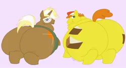 Size: 1280x689 | Tagged: suggestive, artist:necrofeline, derpibooru import, carrot cake, trenderhoof, earth pony, pony, unicorn, belly, bhm, big belly, bingo wings, chubby cheeks, clothes, duo, duo male, fat, glasses, hat, image, jpeg, large butt, male, neck roll, obese, pink background, rear view, rolls of fat, simple background, stallion, sweater, thick carrot cake, thighs, thunder thighs, trenderbutt, tubbyhoof
