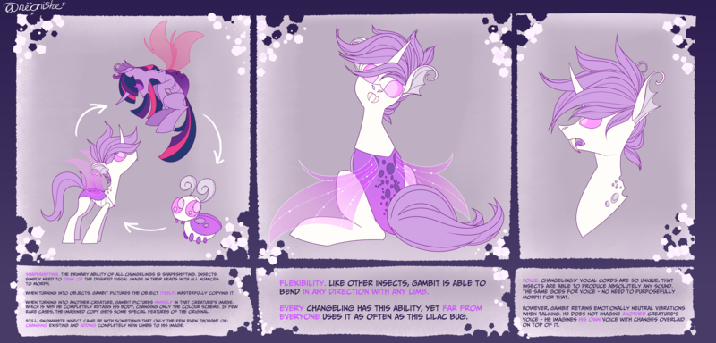 Size: 7700x3700 | Tagged: safe, artist:neonishe, derpibooru import, oc, oc:ace gambit (nya), changeling, changeling oc, image, png, purple changeling, reference, reference sheet, solo, white changeling