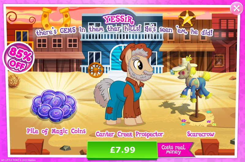 Size: 1953x1292 | Tagged: safe, derpibooru import, idw, official, unnamed character, unnamed pony, earth pony, pony, advertisement, beard, clothes, costs real money, english, facial hair, gameloft, hat, idw showified, image, jpeg, magic coins, male, mobile game, my little pony: magic princess, numbers, overalls, sale, scarecrow, solo, solo focus, stallion, text