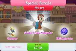 Size: 1268x858 | Tagged: safe, derpibooru import, idw, official, unnamed character, unnamed pony, earth pony, pony, beard, bundle, clothes, costs real money, english, facial hair, gameloft, hat, idw showified, image, jpeg, magic coins, male, mobile game, my little pony: magic princess, numbers, overalls, sale, scarecrow, solo, solo focus, stallion, text
