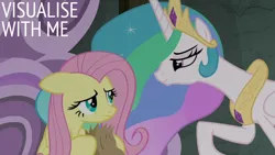 Size: 1920x1080 | Tagged: safe, derpibooru import, edit, edited screencap, editor:quoterific, screencap, fluttershy, princess celestia, horse play, bag, image, paper bag, png