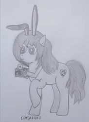Size: 2592x3540 | Tagged: safe, artist:dimdariusz, derpibooru import, ponified, earth pony, pony, bunny ears, camera, female, grayscale, image, jpeg, mare, monochrome, pencil drawing, photo, rwby, signature, simple background, solo, traditional art, velvet scarlatina