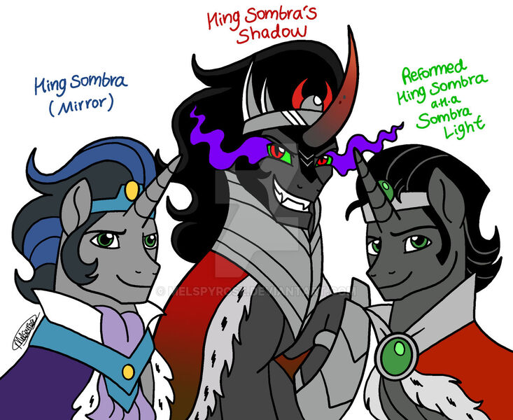 Size: 1280x1048 | Tagged: safe, artist:melspyrose, derpibooru import, idw, king sombra, unicorn, reflections, siege of the crystal empire, spoiler:comic, alternate universe, armor, brooch, cape, clothes, cravat, crown, good king sombra, image, jewelry, jpeg, multiverse, necklace, necktie, peytral, reformed king sombra, regalia, trio