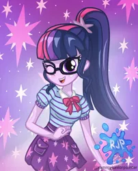 Size: 1080x1335 | Tagged: safe, artist:rjp.rammy, derpibooru import, sci-twi, twilight sparkle, human, equestria girls, equestria girls series, bowtie, breasts, cute, cutie mark, female, glasses, image, jpeg, looking at you, one eye closed, open mouth, open smile, ponytail, signature, smiling, smiling at you, solo, twiabetes, wink, winking at you