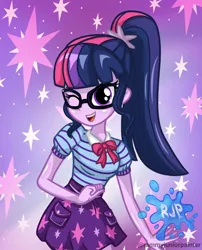 Size: 1080x1335 | Tagged: safe, alternate version, artist:rjp.rammy, derpibooru import, sci-twi, twilight sparkle, human, equestria girls, equestria girls series, bowtie, breasts, cute, cutie mark, female, glasses, image, jpeg, looking at you, one eye closed, open mouth, open smile, ponytail, signature, smiling, smiling at you, solo, twiabetes, wink, winking at you