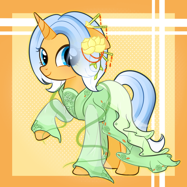 Size: 2048x2048 | Tagged: safe, artist:miwq, derpibooru import, oc, oc:aurore soleilevant, unofficial characters only, pony, unicorn, clothes, hanfu, image, looking at you, orange coat, png, robe, smiling, solo