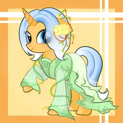 Size: 2048x2048 | Tagged: safe, artist:miwq, derpibooru import, oc, oc:aurore soleilevant, unofficial characters only, pony, unicorn, clothes, hanfu, image, looking at you, orange coat, png, robe, smiling, solo