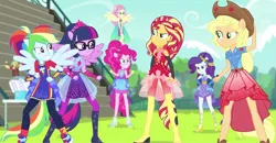 Size: 1147x596 | Tagged: safe, derpibooru import, screencap, applejack, fluttershy, pinkie pie, rainbow dash, rarity, sci-twi, sunset shimmer, twilight sparkle, cheer you on, equestria girls, equestria girls series, spoiler:eqg series (season 2), belt, boots, clothes, gloves, handless gloves, image, jewelry, knee-high boots, leggings, png, ponied up, pony ears, shoes, skirt, sleeveless, super ponied up, tiara