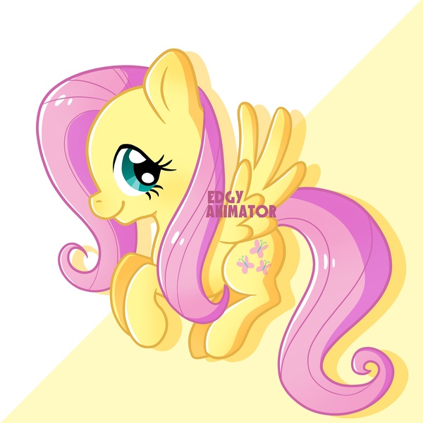 Size: 2700x2700 | Tagged: safe, artist:edgyanimator, derpibooru import, fluttershy, pegasus, pony, big eyes, cel shading, chibi, closed mouth, colored, colored lineart, cute, cute pony, derpibooru exclusive, digital art, drop shadow, eyelashes, female, firealpaca, full body, image, jpeg, lineart, long hair, long mane, long tail, looking sideways, looking to the right, mare, pink hair, pink mane, pink tail, quadrupedal, raised hoof, raised hooves, shading, shyabetes, sideways glance, signature, simple background, simple shading, smiling, solo, spread wings, tail, turquoise eyes, wings, yellow background, yellow coat, yellow fur, yellow wings