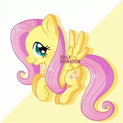 Size: 2700x2700 | Tagged: safe, artist:edgyanimator, derpibooru import, fluttershy, pegasus, pony, big eyes, cel shading, chibi, closed mouth, colored, colored lineart, cute, cute pony, derpibooru exclusive, digital art, drop shadow, eyelashes, female, firealpaca, full body, image, jpeg, lineart, long hair, long mane, long tail, looking sideways, looking to the right, mare, pink hair, pink mane, pink tail, quadrupedal, raised hoof, raised hooves, shading, shyabetes, sideways glance, signature, simple background, simple shading, smiling, solo, spread wings, tail, turquoise eyes, wings, yellow background, yellow coat, yellow fur, yellow wings