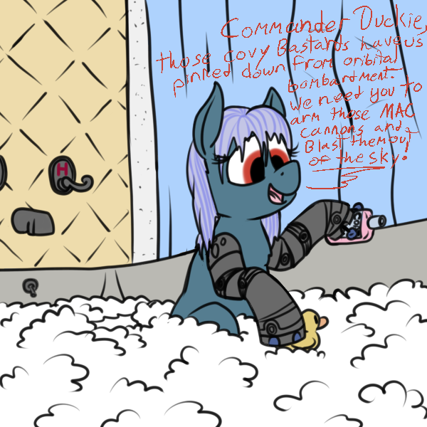 Size: 600x600 | Tagged: source needed, safe, artist:thebathwaterhero, oc, oc:silent night, earth pony, cyoa:semantic error, amputee, bath, bubble bath, cyberpunk, image, playing, png, prosthetic leg, prosthetic limb, prosthetics, rubber duck, smiling