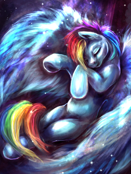 Size: 900x1200 | Tagged: safe, artist:kreativpony, derpibooru import, rainbow dash, pegasus, cuddly, image, jpeg, sleeping, wings