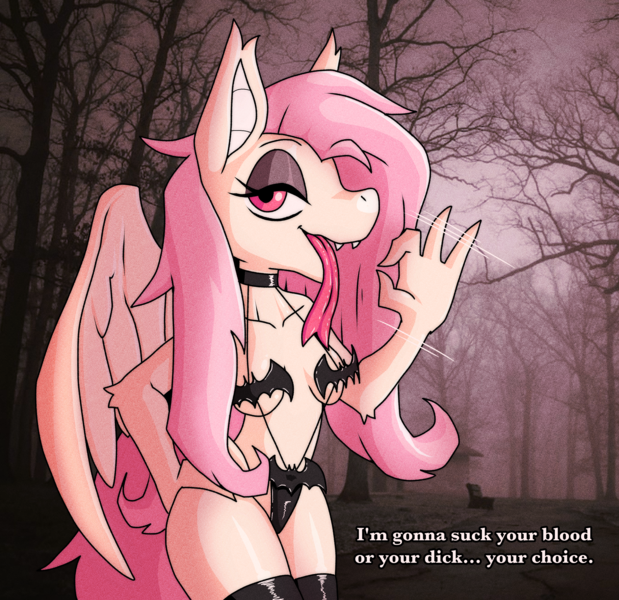 Size: 3039x2945 | Tagged: questionable, artist:ponporio, fluttershy, anthro, bat pony, absurd file size, absurd resolution, bat ponified, bikini, clothes, costume, dialogue, english, female, flutterbat, image, implied handjob, implied oral, long tongue, oral invitation, panties, png, race swap, solo, solo female, stockings, string bikini, swimsuit, thigh highs, thong, tongue out, underwear