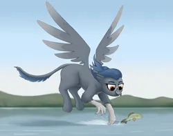 Size: 3931x3103 | Tagged: safe, artist:waffletheheadmare, derpibooru import, oc, fish, gryphon, female, flying, griffon oc, hill, image, lake, mountain, png, sky, smiling, water, wings