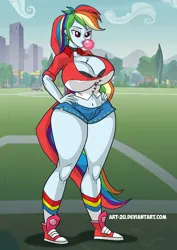 Size: 827x1169 | Tagged: suggestive, artist:art-2u, derpibooru import, rainbow dash, human, equestria girls, belly button, bimbo, bimbo dash, breasts, bubblegum, busty rainbow dash, buttons, canterlot high, city, clothes, cloud, female, food, gum, hand on hip, image, jpeg, legs, lidded eyes, midriff, outdoors, short sleeves, shorts, sky, soccer shoes, solo, solo female, sports, stupid sexy rainbow dash, wide hips