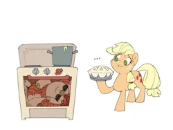 Size: 800x600 | Tagged: safe, artist:gor1ck, derpibooru import, applejack, autumn blaze, earth pony, kirin, pony, food, image, jpeg, oven, pie, simple background, white background