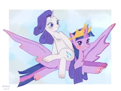Size: 1080x810 | Tagged: safe, artist:ecor土土, derpibooru import, rarity, twilight sparkle, twilight sparkle (alicorn), alicorn, pony, unicorn, chest fluff, crown, duo, duo female, female, flying, image, jewelry, lesbian, looking at each other, looking at someone, png, rarilight, regalia, shipping, simple background, smiling, smiling at each other, spread wings, wings
