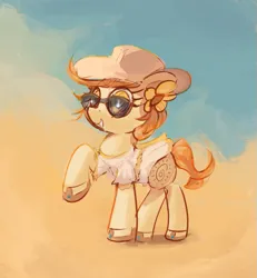 Size: 687x744 | Tagged: safe, artist:vultraz, derpibooru import, oc, oc:thursday, unofficial characters only, earth pony, pony, alternate clothes, clothes, dress, female, flower, flower in hair, hat, image, mare, png, smiling, solo, sundress