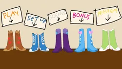 Size: 1280x720 | Tagged: safe, derpibooru import, applejack, fluttershy, pinkie pie, rainbow dash, rarity, equestria girls, boots, clothes, cowboy boots, high heel boots, humane five, image, jpeg, menu, shoes