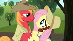 Size: 1920x1080 | Tagged: safe, anonymous artist, derpibooru import, edit, edited screencap, screencap, big macintosh, fluttershy, earth pony, pegasus, pony, hard to say anything, apple, apple tree, character swap, cowboy hat, female, fluttermac, food, hat, holding hooves, image, looking at each other, looking at someone, looking into each others eyes, male, mare, png, shipping, smiling, smiling at each other, stallion, straight, tree