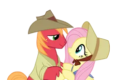 Size: 4096x2667 | Tagged: safe, anonymous artist, derpibooru import, big macintosh, fluttershy, earth pony, pegasus, pony, hard to say anything, apple, apple tree, cowboy hat, female, fluttermac, food, hat, high res, holding hooves, image, looking at each other, looking at someone, looking into each others eyes, male, mare, png, shipping, simple background, smiling, smiling at each other, stallion, straight, transparent background, tree, vector