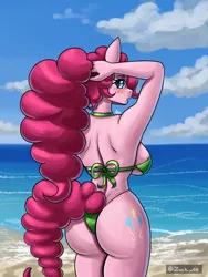 Size: 1500x2000 | Tagged: suggestive, artist:zachc, derpibooru import, pinkie pie, anthro, earth pony, balloonbutt, beach, bikini, breasts, busty pinkie pie, butt, clothes, female, image, looking at you, looking back, looking back at you, png, rear view, rearboob, solo, swimsuit, thong swimsuit