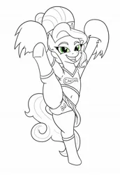 Size: 1312x1912 | Tagged: suggestive, artist:jargon scott, derpibooru import, cherry jubilee, earth pony, pony, art pack:cheerleader art pack, belly button, bipedal, black and white, cheerleader, cheerleader outfit, chubby, clothes, female, grayscale, high kick, image, jpeg, looking at you, mare, midriff, monochrome, open mouth, open smile, panties, partial color, pom pom, simple background, smiling, smiling at you, solo, solo female, standing, standing on one leg, underhoof, underwear, white background