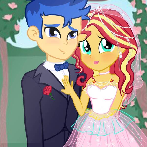 Size: 1280x1280 | Tagged: safe, artist:gisbelleart, derpibooru import, flash sentry, sunset shimmer, equestria girls, clothes, dress, duo, female, flashimmer, image, jpeg, male, marriage, shipping, straight, tuxedo, wedding, wedding dress