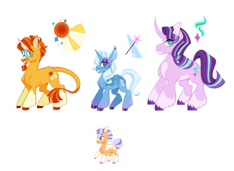 Size: 1280x938 | Tagged: safe, artist:vio-mlp-creator, derpibooru import, starlight glimmer, sunburst, trixie, oc, oc:dazzling lights, pony, unicorn, bisexual, family, female, filly, foal, image, lesbian, magical threesome spawn, male, multiple parents, offspring, parent:starlight glimmer, parent:sunburst, parent:trixie, parents:startrixburst, png, polyamory, shipping, starburst, startrix, startrixburst, straight, trixburst