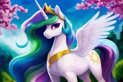 Size: 1920x1280 | Tagged: safe, derpibooru import, editor:dovakkins, machine learning generated, stable diffusion, princess celestia, alicorn, pony, beautiful, blue sky, cherry blossoms, cloud, derpibooru exclusive, female, flower, flower blossom, horn, image, jewelry, long mane, makeup, mare, peytral, png, regalia, sky, solo, tail, tree, wavy mane, wavy tail, wings