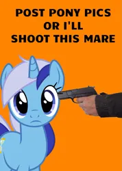 Size: 753x1060 | Tagged: safe, artist:bonemareoh, minuette, human, pony, unicorn, caption, gun, hand, image, image macro, orange background, png, simple background, solo, staring at you, text, weapon