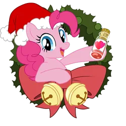 Size: 575x575 | Tagged: safe, derpibooru import, pinkie pie, earth pony, pony, christmas, christmas wreath, female, hat, holiday, image, png, santa hat, solo, wreath