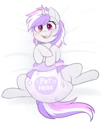 Size: 1655x1924 | Tagged: suggestive, artist:shuphle, derpibooru import, oc, oc:glam rock, unofficial characters only, pony, bed, diaper, diaper fetish, fetish, image, lying down, on back, on bed, open mouth, open smile, png, poofy diaper, smiling, solo