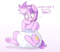 Size: 1560x1340 | Tagged: safe, artist:shuphle, derpibooru import, oc, oc:starling, unofficial characters only, pony, unicorn, blushing, diaper, diaper fetish, fetish, frog (hoof), image, open mouth, open smile, png, poofy diaper, sitting, smiling, solo, underhoof