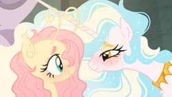 Size: 1280x720 | Tagged: safe, artist:webkinzworldz, derpibooru import, edit, edited screencap, screencap, fluttershy, princess celestia, alicorn, flutter pony, pegasus, pony, horse play, alternate design, antenna, antennae, duo, ear fluff, eyeshadow, freckles, freckleshy, image, jewelry, looking at each other, looking at someone, makeup, necklace, png, race swap