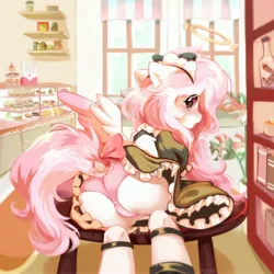 Size: 3000x3000 | Tagged: suggestive, alternate version, artist:pledus, derpibooru import, oc, unofficial characters only, pegasus, pony, bow, butt, cafe, clothes, commission, cute, female, high res, image, jpeg, looking at you, looking back, looking back at you, maid, mare, not fluttershy, ocbetes, open mouth, plot, solo, solo female, spread wings, table, tail, tail bow, wings