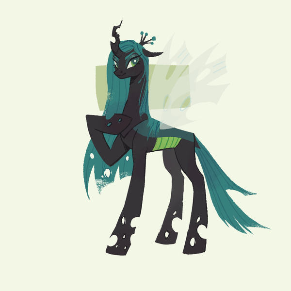 Size: 1280x1280 | Tagged: safe, artist:maggie0li, derpibooru import, queen chrysalis, changeling, changeling queen, concave belly, female, hoof on chest, image, long mane, png, simple background, slim, smiling, smirk, solo, standing, thin, white background